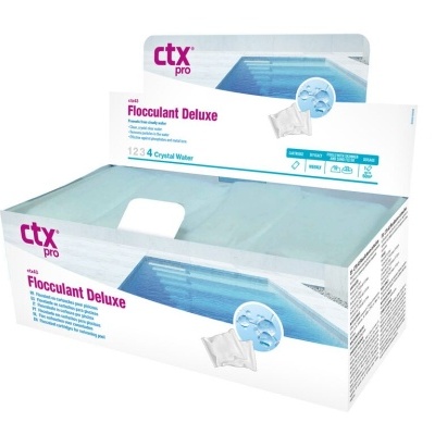 Embalagem do produto Flocculant Deluxe ctx pro para piscinas com informações e imagem de piscina