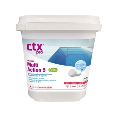 Embalagem de produto para manutenção de piscina com comprimidos e imagem de piscina