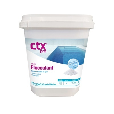 Recipiente branco com rótulo de produto químico para piscina ctx pro Flocculant