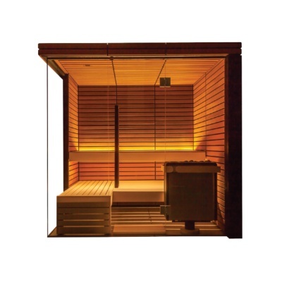 Sauna de madeira com vidro e iluminação quente