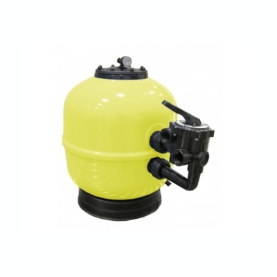 Filtro de piscina amarelo com tampa preta e válvula seletora
