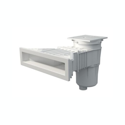 Objeto branco em plástico com formato rectangular e secção circular, parte de sistema de drenagem