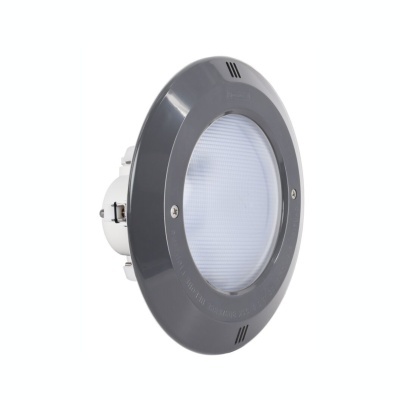 Iluminação redonda para piscina com moldura cinza e superfície branca