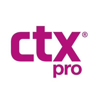 Texto ctx pro em cor-de-rosa com símbolo ® em fundo branco
