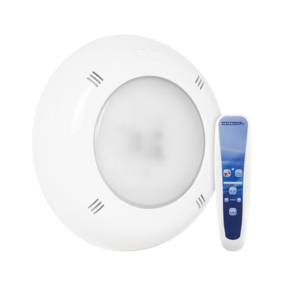 Luz de piscina redonda branca com controlo remoto azul e branco
