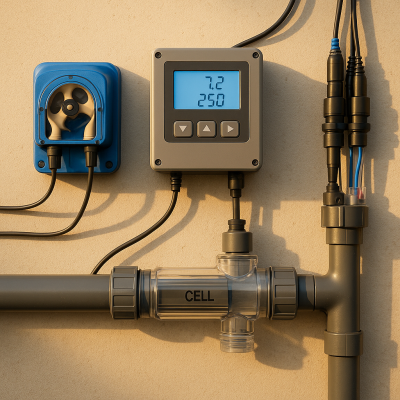 Sistema eletrónico com tubos cinzentos, câmara transparente com 