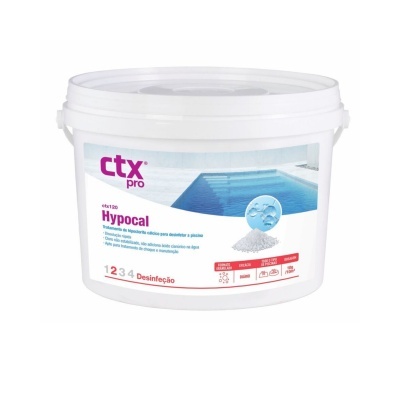 Embalagem de produto químico para piscina Hypocal ctx pro em balde branco de plástico