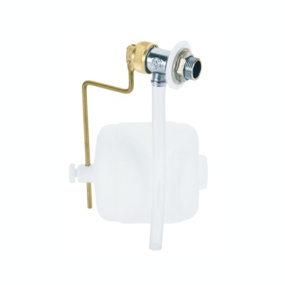 Flutuador de autoclismo branco com braço metálico dourado e conetor hidráulico
