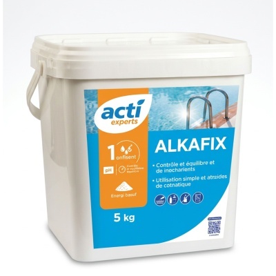 Recipiente plástico branco com etiqueta azul e laranja da marca acti experts AlkaFix