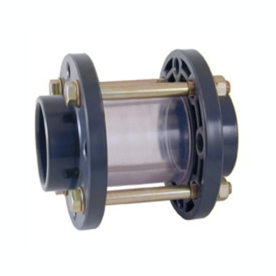 Peça cilíndrica transparente com flanges pretas e parafusos dourados.