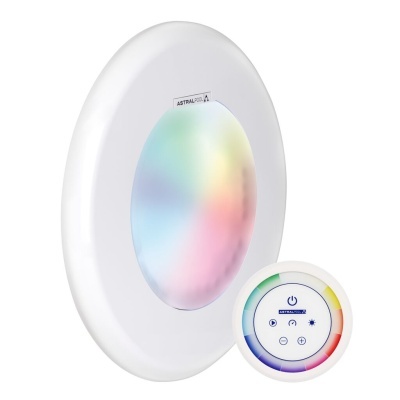 Luz subaquática redonda branca com difusor multicolorido e controlo remoto circular branco