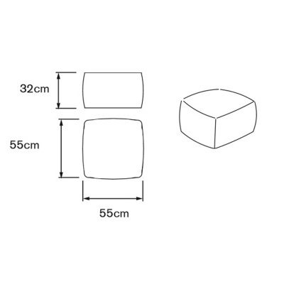 Desenho técnico de um puff quadrado com dimensões 55x55x32 cm
