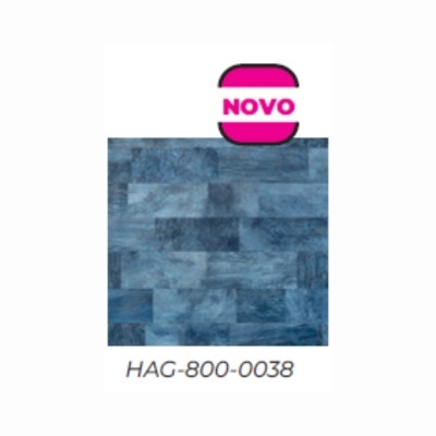 Piso vinílico azul com etiqueta NOVO e código HAG-800-0038