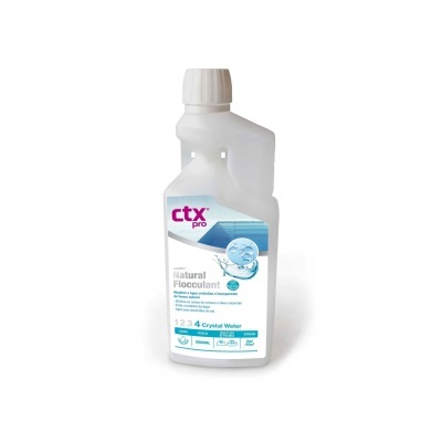 Frasco branco com rótulo de produto químico para tratamento de água