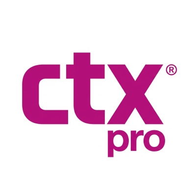 Texto ctx pro em cor-de-rosa com símbolo ® em fundo branco