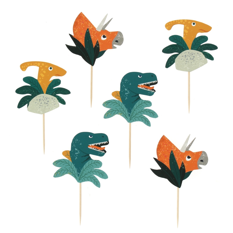 Toppers para bolos com dinossauros coloridos e palitos de madeira