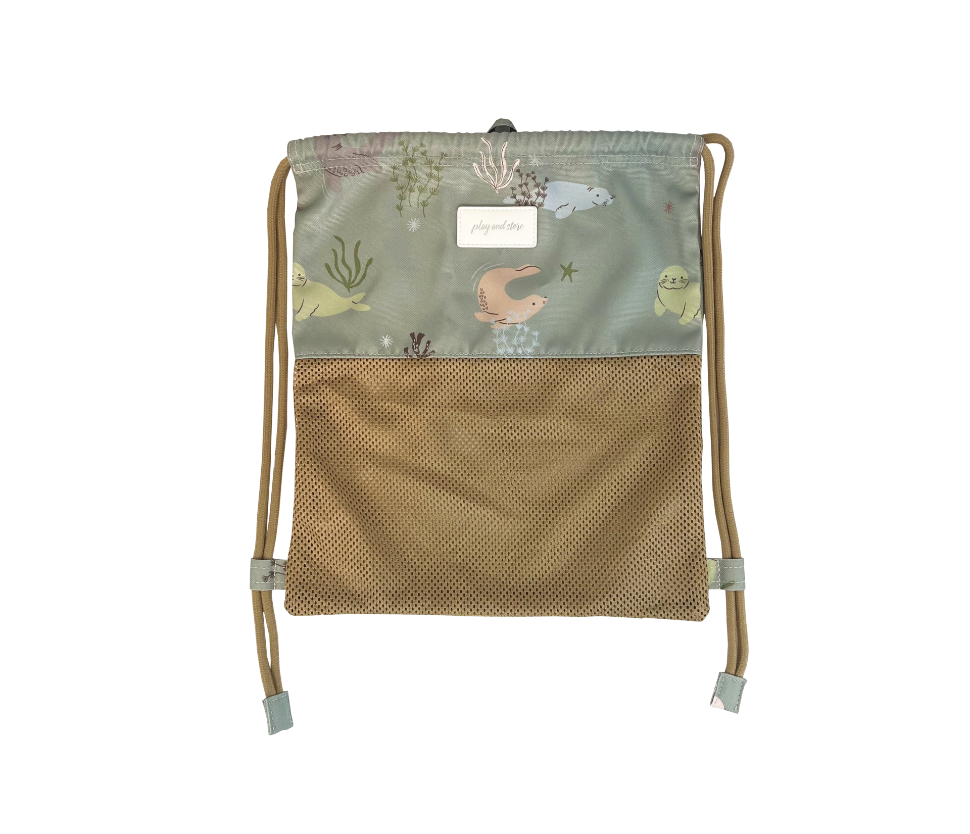 Saco mochila com padrão de animais marinhos e bolso de malha bege