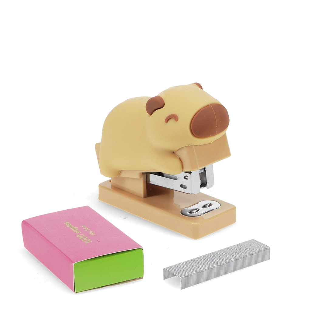 Mini grampeador com forma de cão bege, estojo rosa e verde, 100 grampos