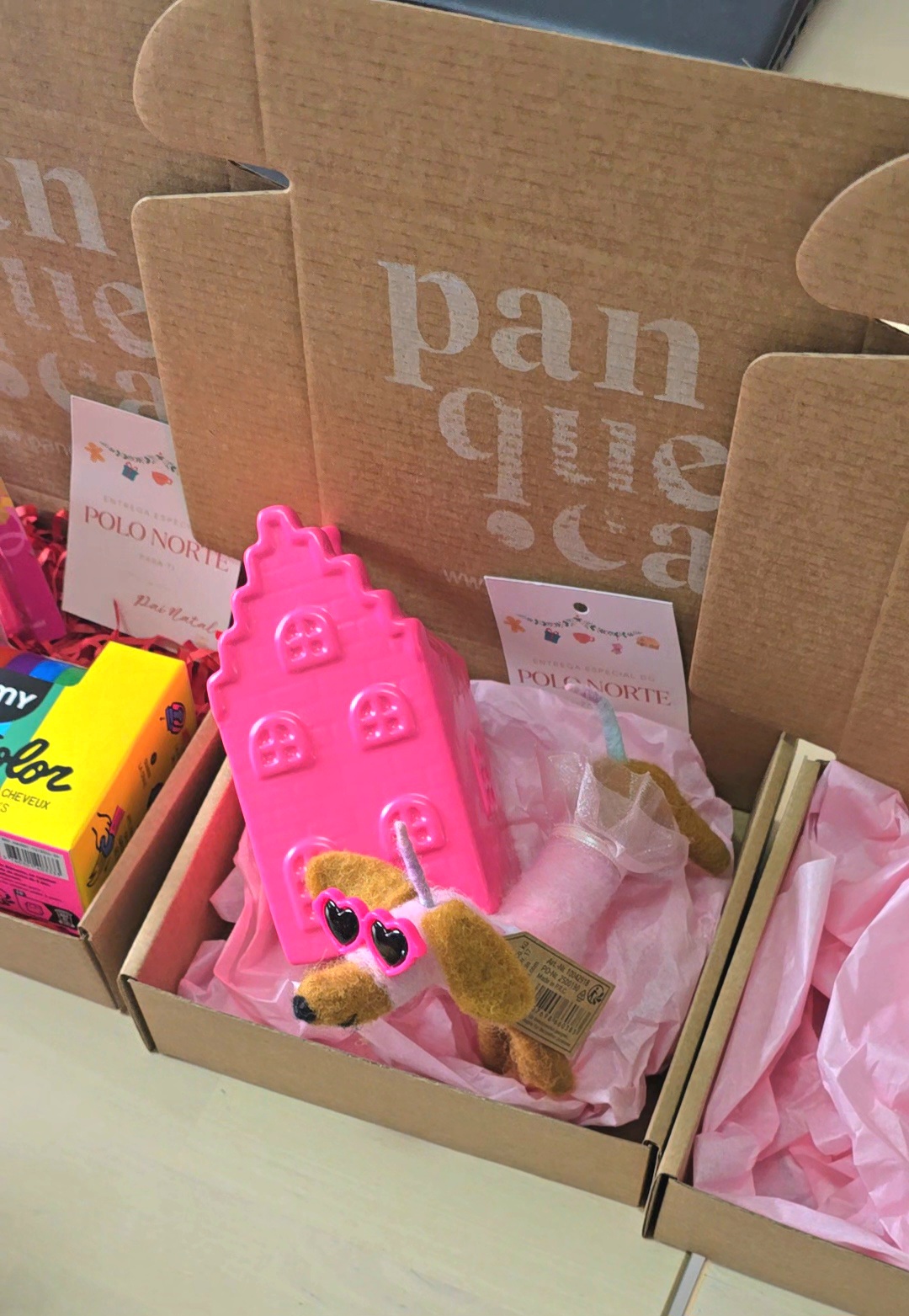 Caixa castanha com boneco de cão em feltro com óculos de coração e casa rosa de plástico