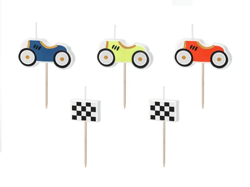 Toppers para bolos com carros coloridos e bandeiras de corrida
