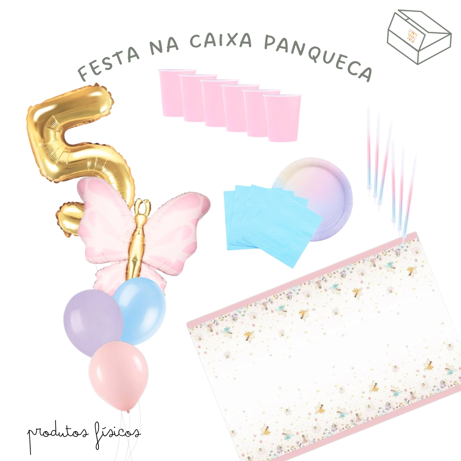 Conjunto de artigos de festa com balões, copos, guardanapos, pratos, velas e toalha decorada.