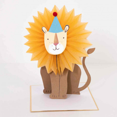 Cartão 3D em forma de leão com chapéu de festa azul