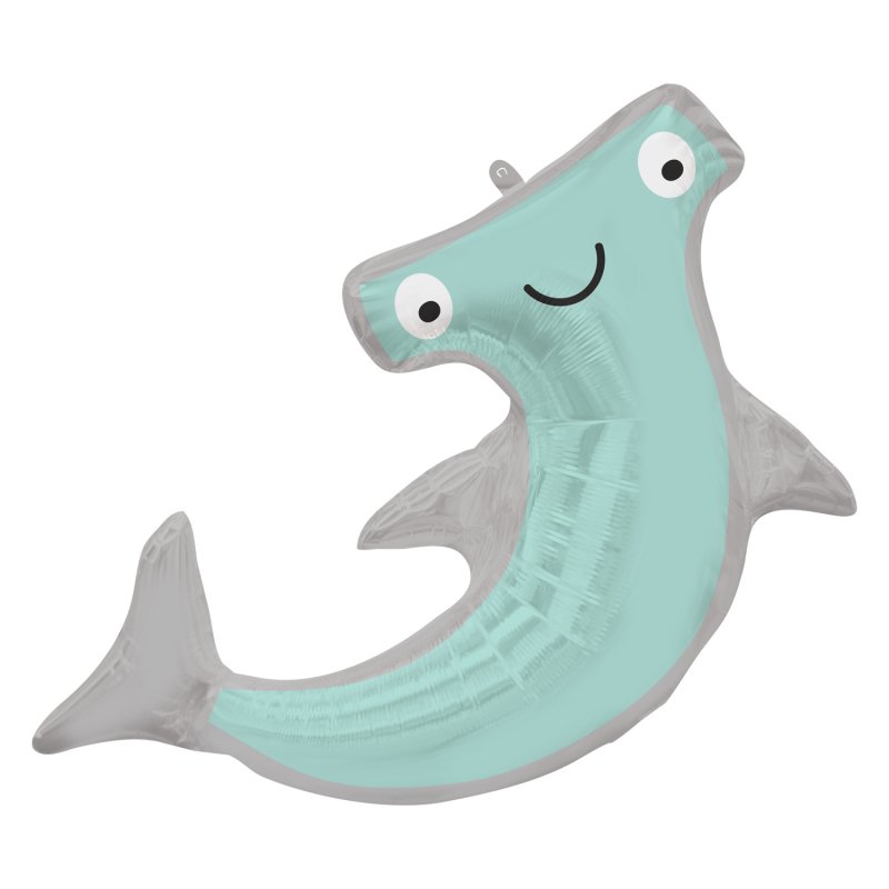 Balão metalizado em forma de tubarão-martelo azul claro e cinza com olhos e sorriso