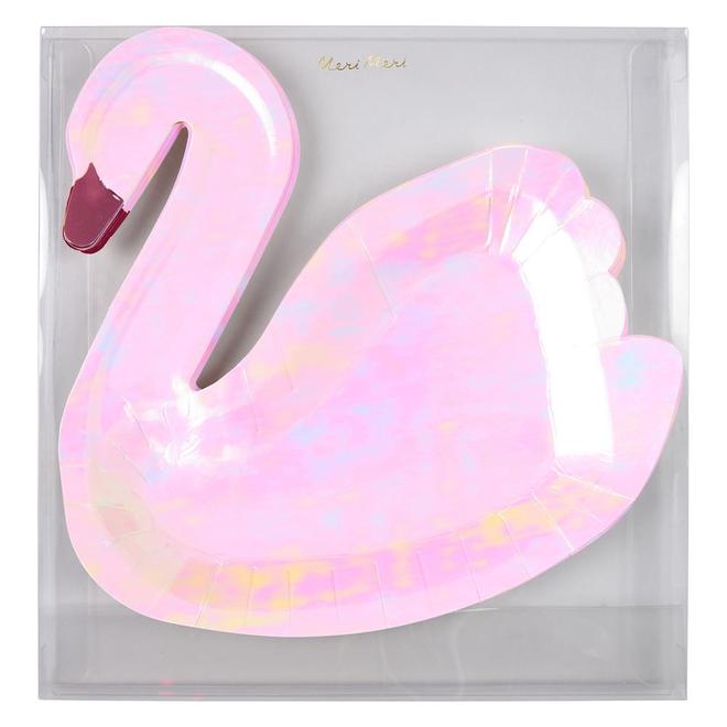 Prato de papel forma cisne cor-de-rosa iridescente