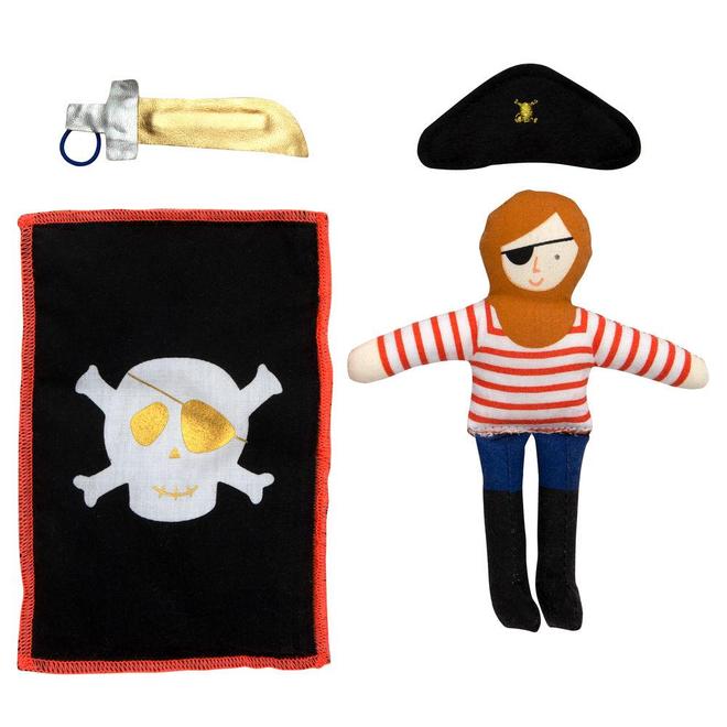 Conjunto de brinquedo de pirata com boneco, chapéu, bandeira e sabre