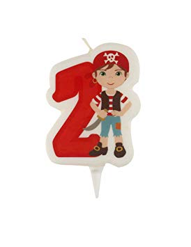 Vela número 2 vermelha com menino vestido de pirata