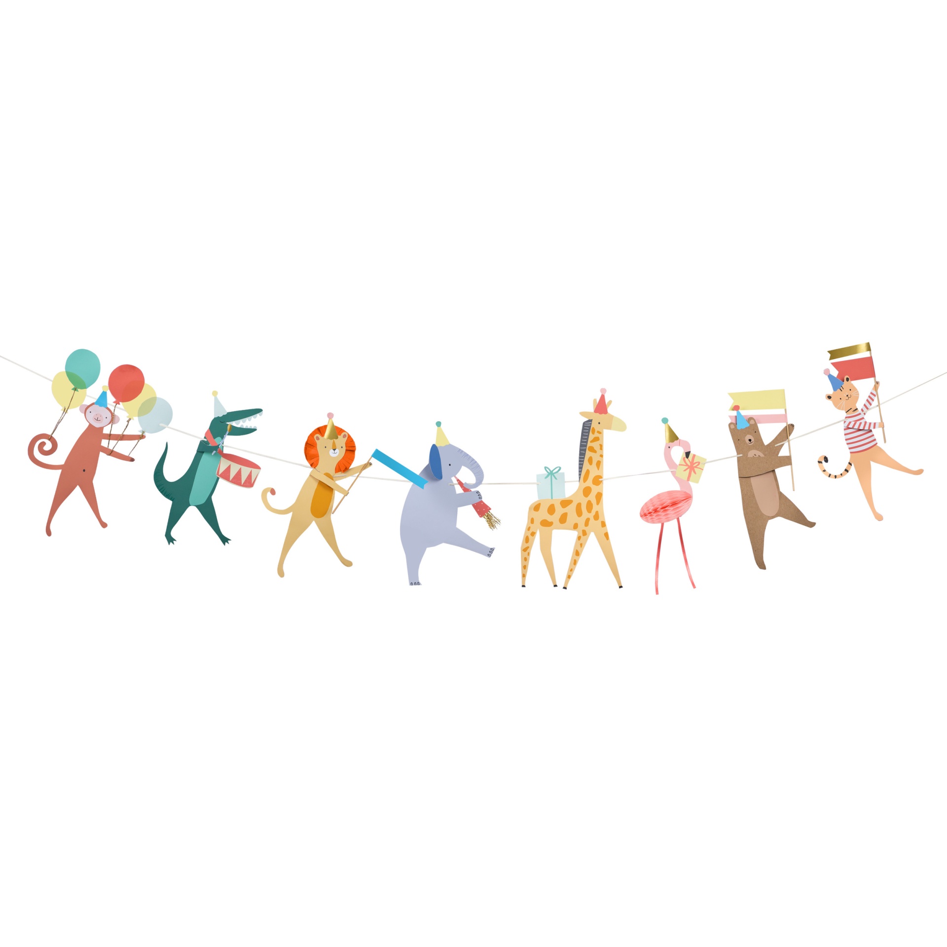 Ilustração de uma fila de animaizinhos festivos coloridos em fundo branco