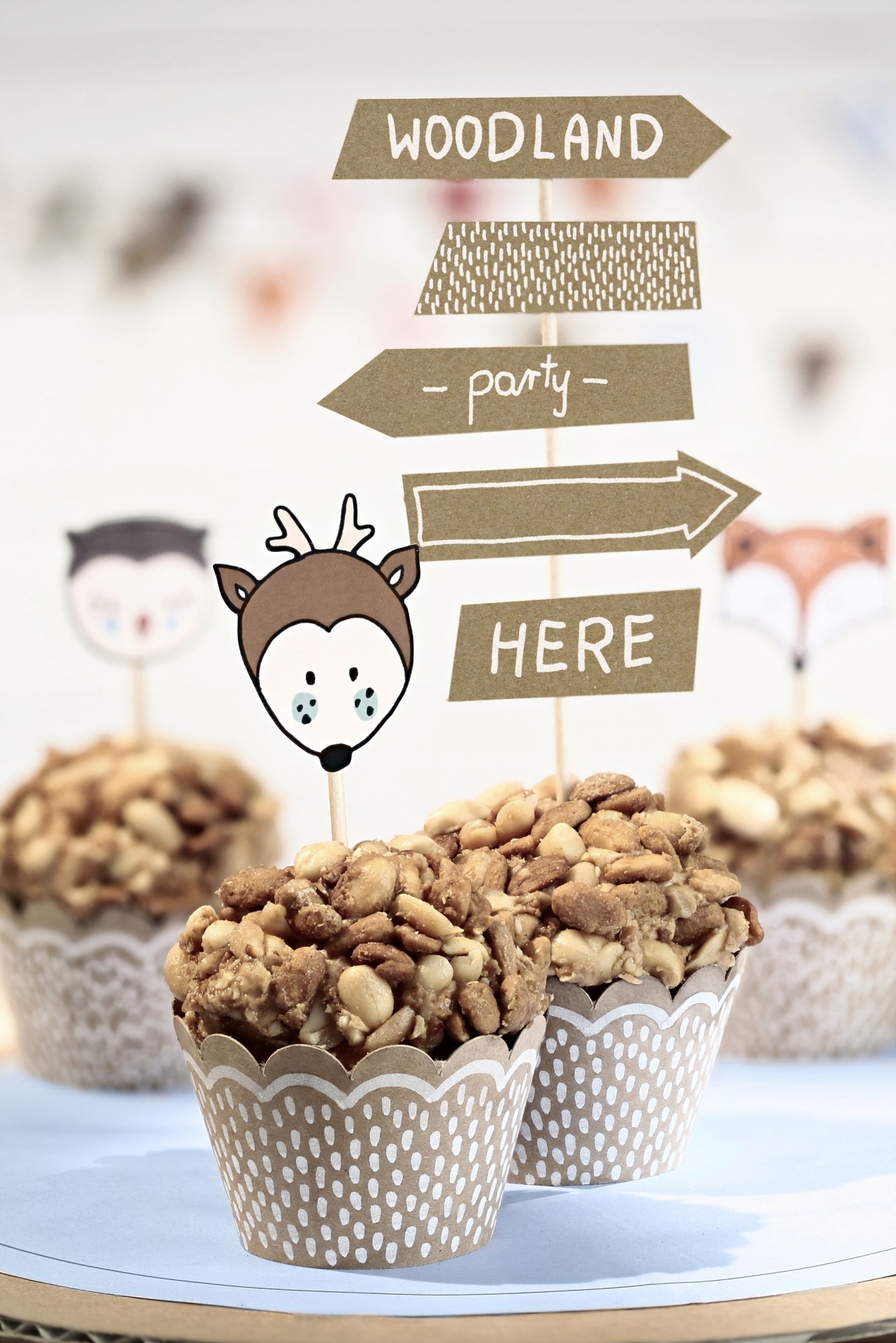 Cupcakes com frutos secos em forminhas castanhas brancas decoradas com toppers de festa Woodland.