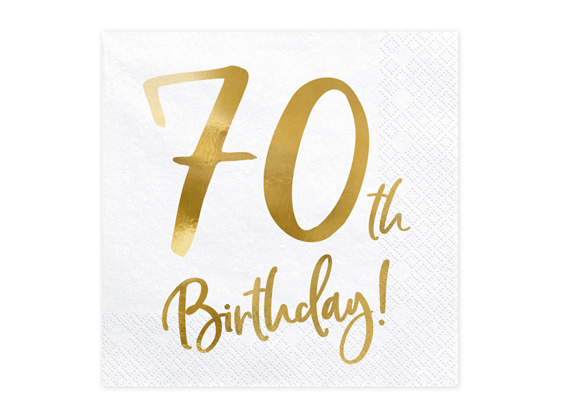 Guardanapo branco com texto dourado '70th Birthday!'