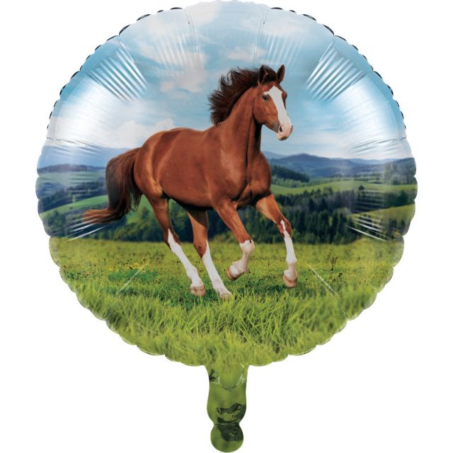 Balão redondo com imagem de cavalo castanho a correr em campo verde