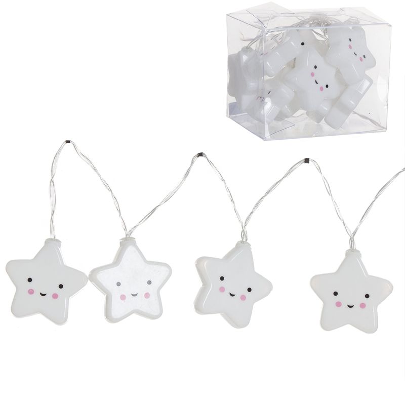 Corda de luz com estrelas brancas sorridentes e caixa plástica transparente