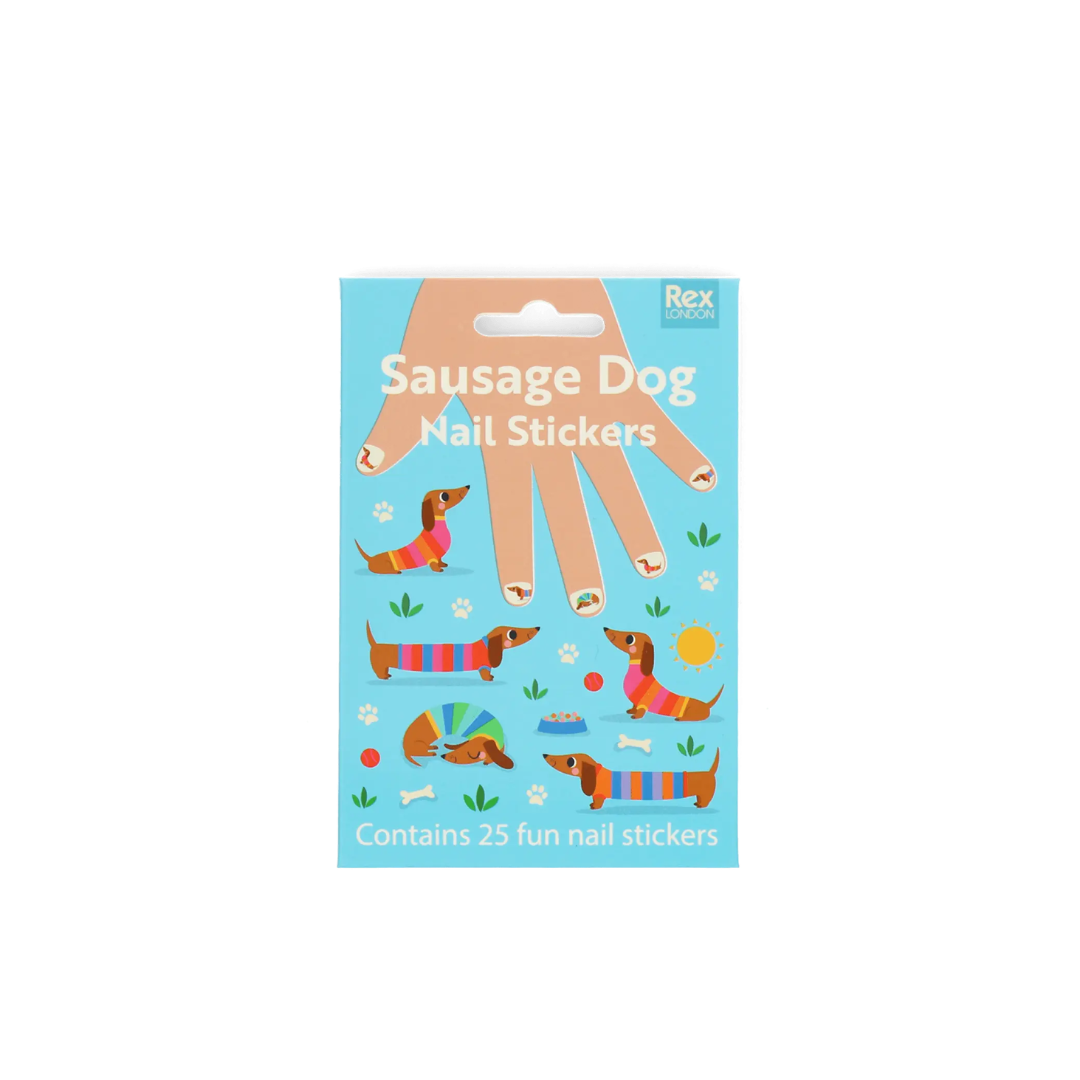 Pack de autocolantes para unhas tema cão salsicha, embalagens azuis com texto e ilustrações coloridas