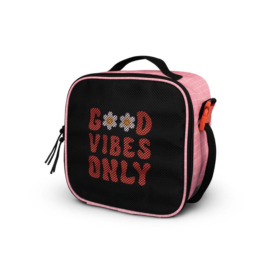 Bolsa térmica quadrada rosa e preta com texto Good Vibes Only na frente