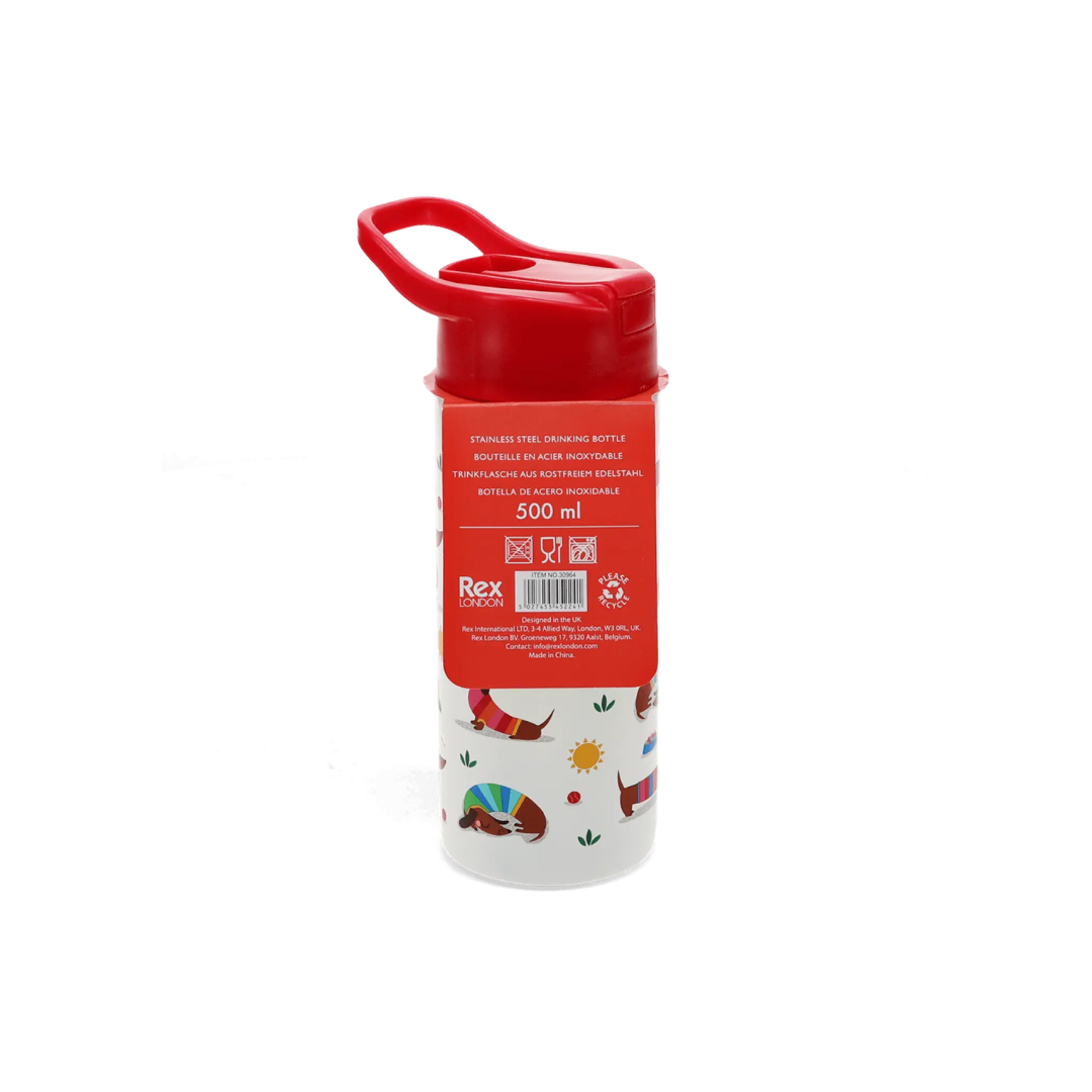 Garrafa de aço inoxidável 500 ml com tampa vermelha e padrão de cães coloridos