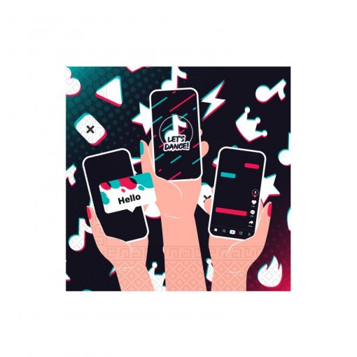 Três mãos segurando smartphones com ícones e texto em fundo musical colorido.