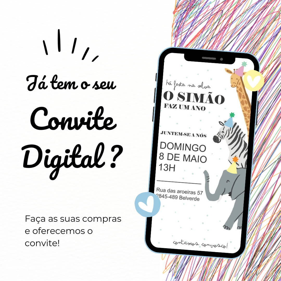 Convite digital para festa infantil com animais em smartphone sobre fundo colorido