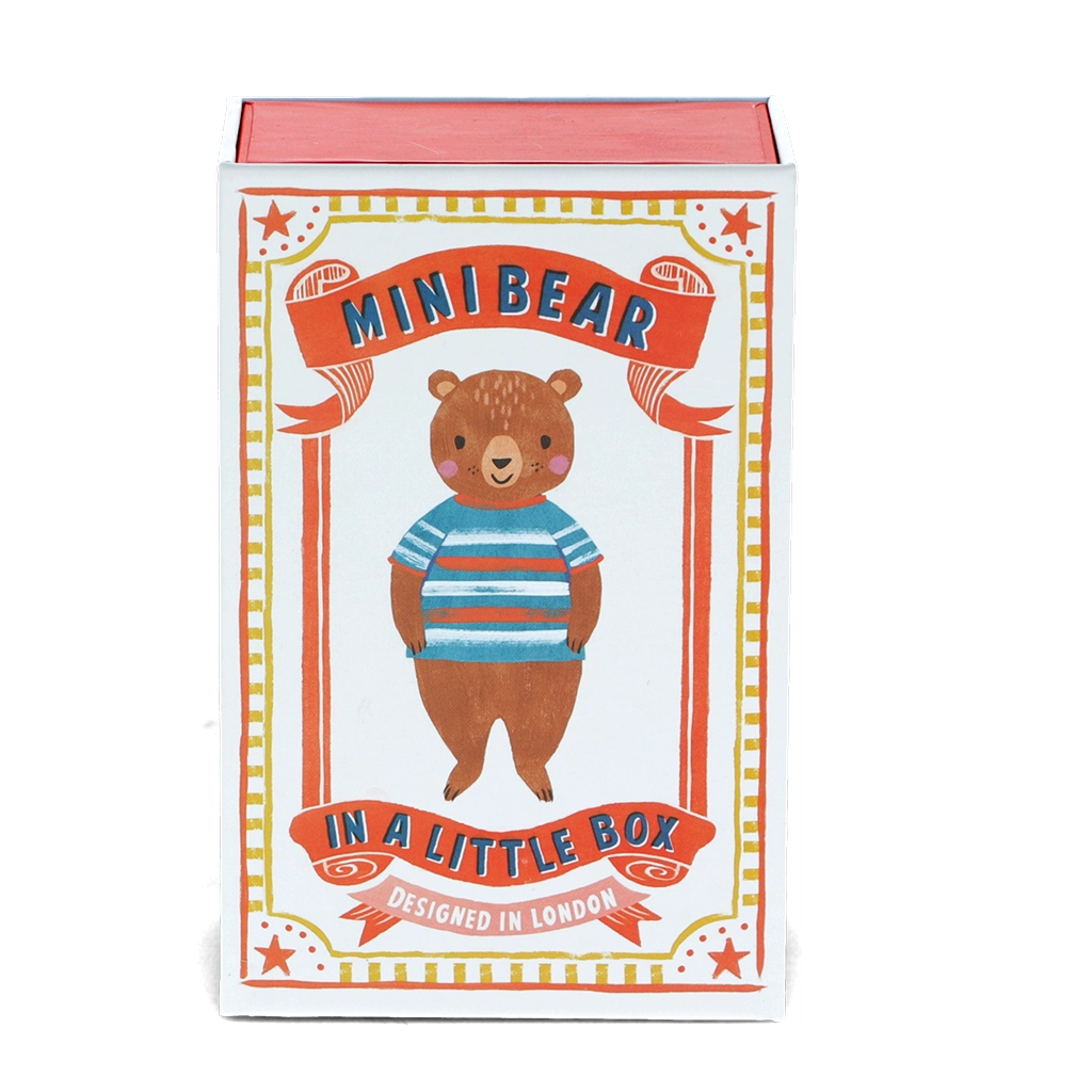 Caixa ilustrada com urso e texto MINI BEAR IN A LITTLE BOX