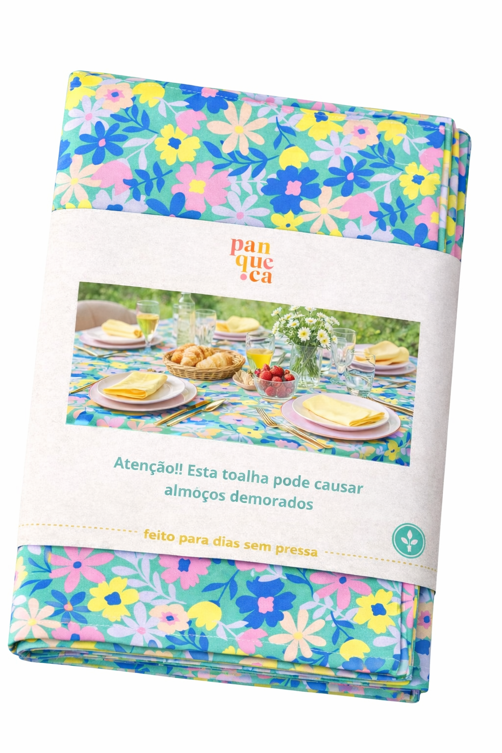 Toalha de mesa colorida floral com rótulo e texto promocional em português