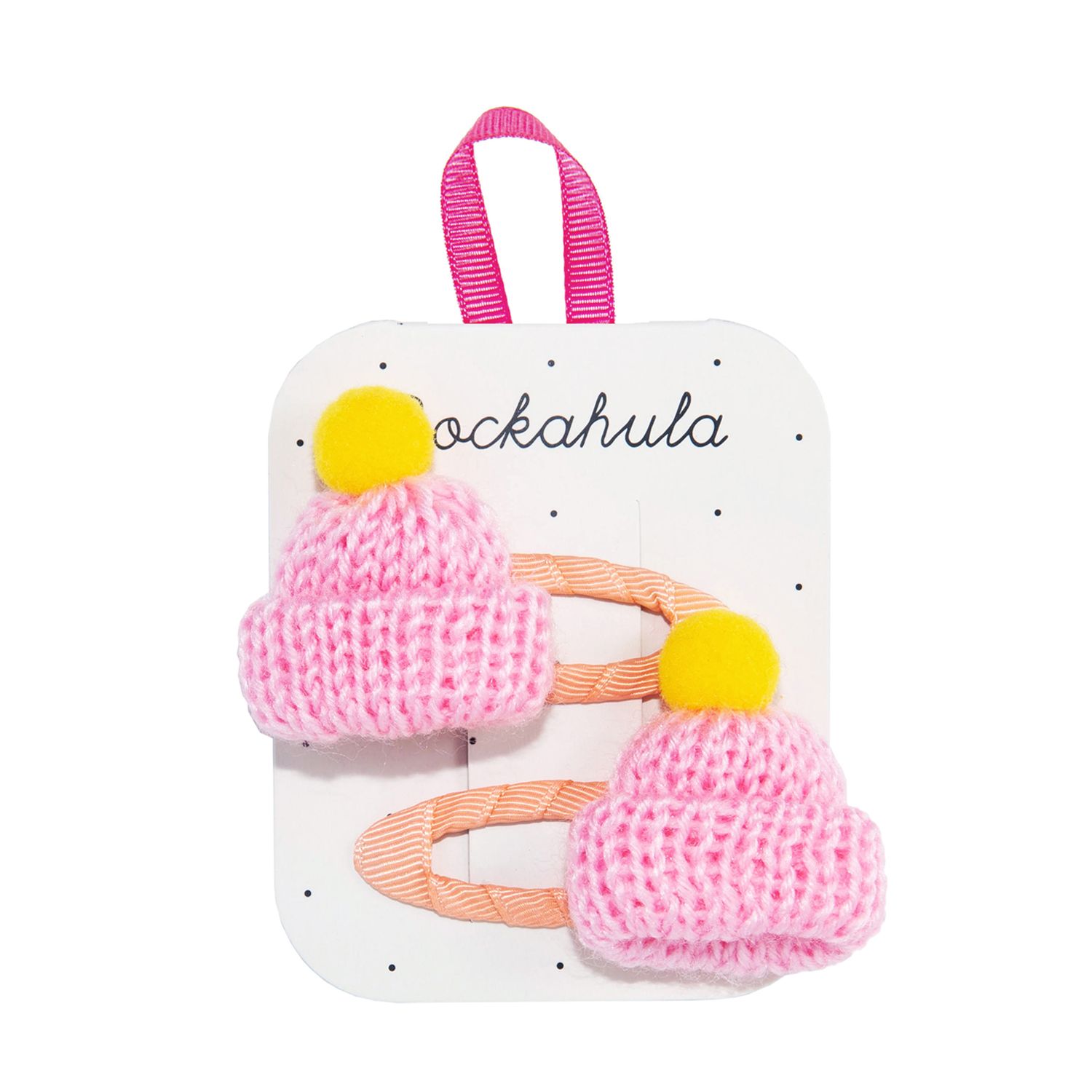 Conjunto de molas de cabelo com gorro rosa e pompom amarelo
