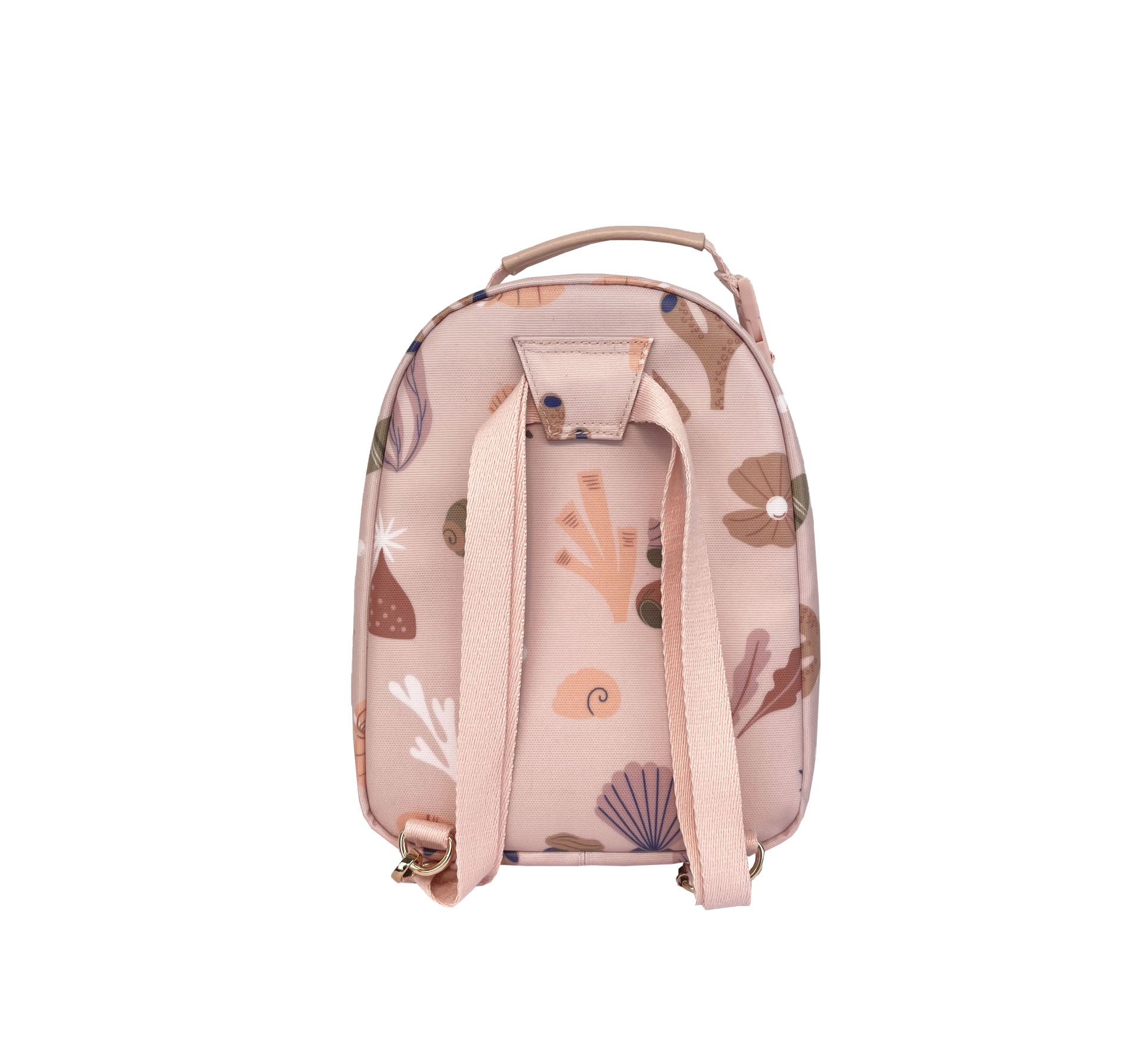 Mochila pequena rosa com padrão marinho e alças ajustáveis