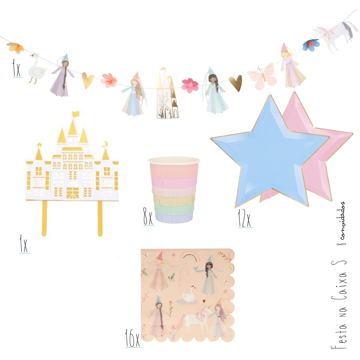 Conjunto de festa com decoração e artigos de papelaria em tons pastel com tema de fadas e castelo