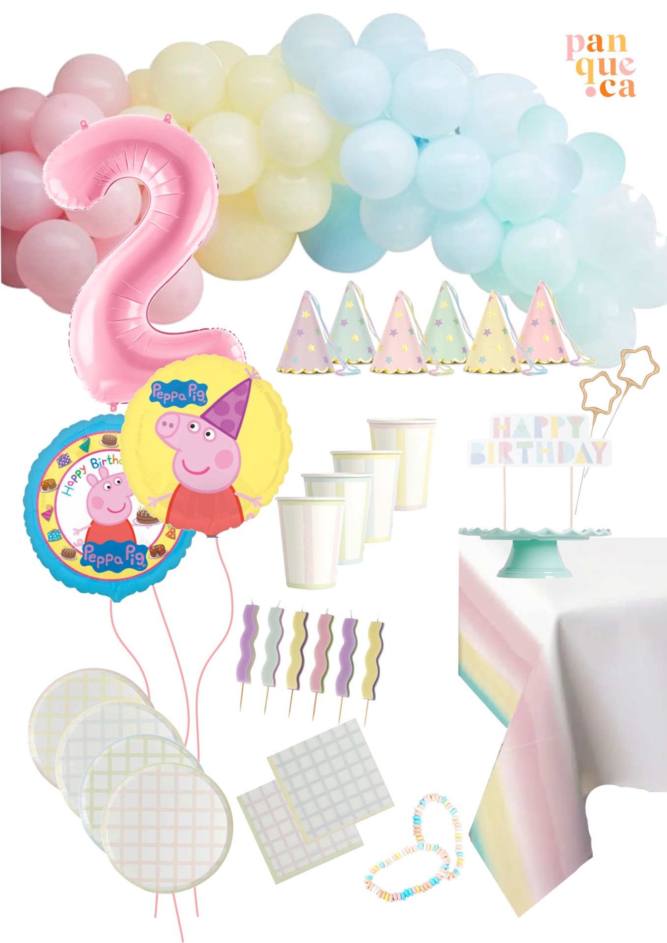 Kit de festa infantil com balões, chapéus, pratos e bolo com topo 'HAPPY BIRTHDAY' em tons pastel
