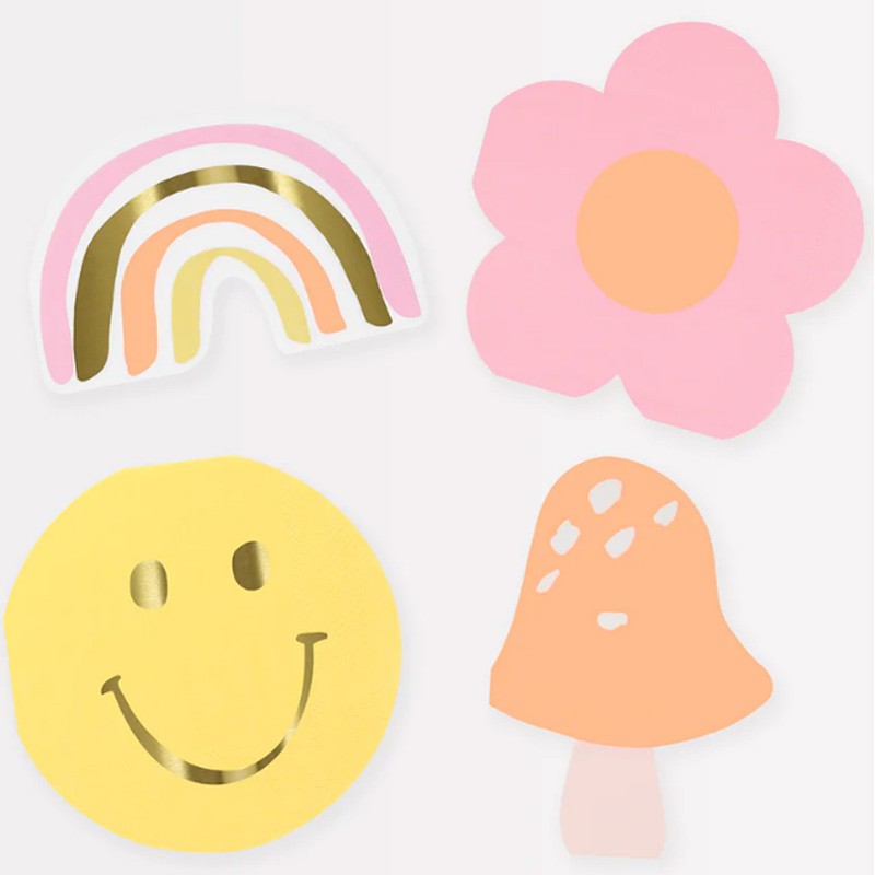 Autocolantes decorativos coloridos, incluindo arco-íris, flor, smiley e cogumelo.