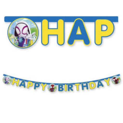 Faixa decorativa azul e amarela com letras HAPPY BIRTHDAY e personagens de desenhos animados