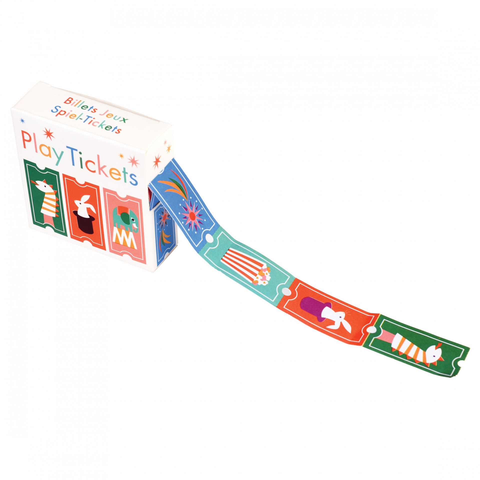 Bilhetes de jogo coloridos em tira a sair de caixa branca