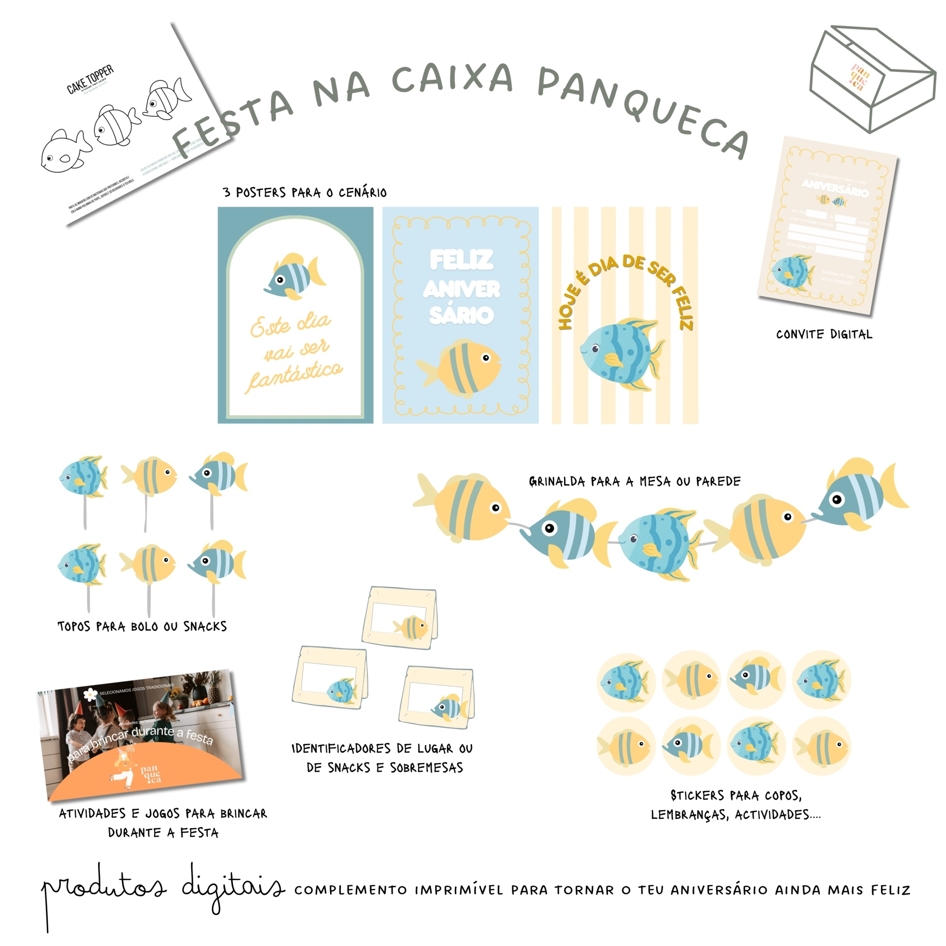 Artigos decorativos para festa com tema de peixes coloridos e textos em português.